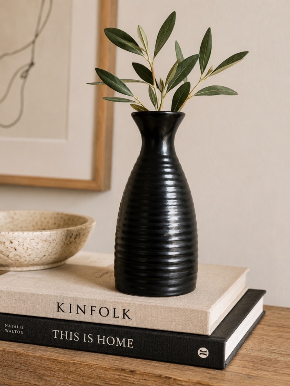 Pier 1 Black Ribbed Stoneware Bud Vase Minimalist Decor